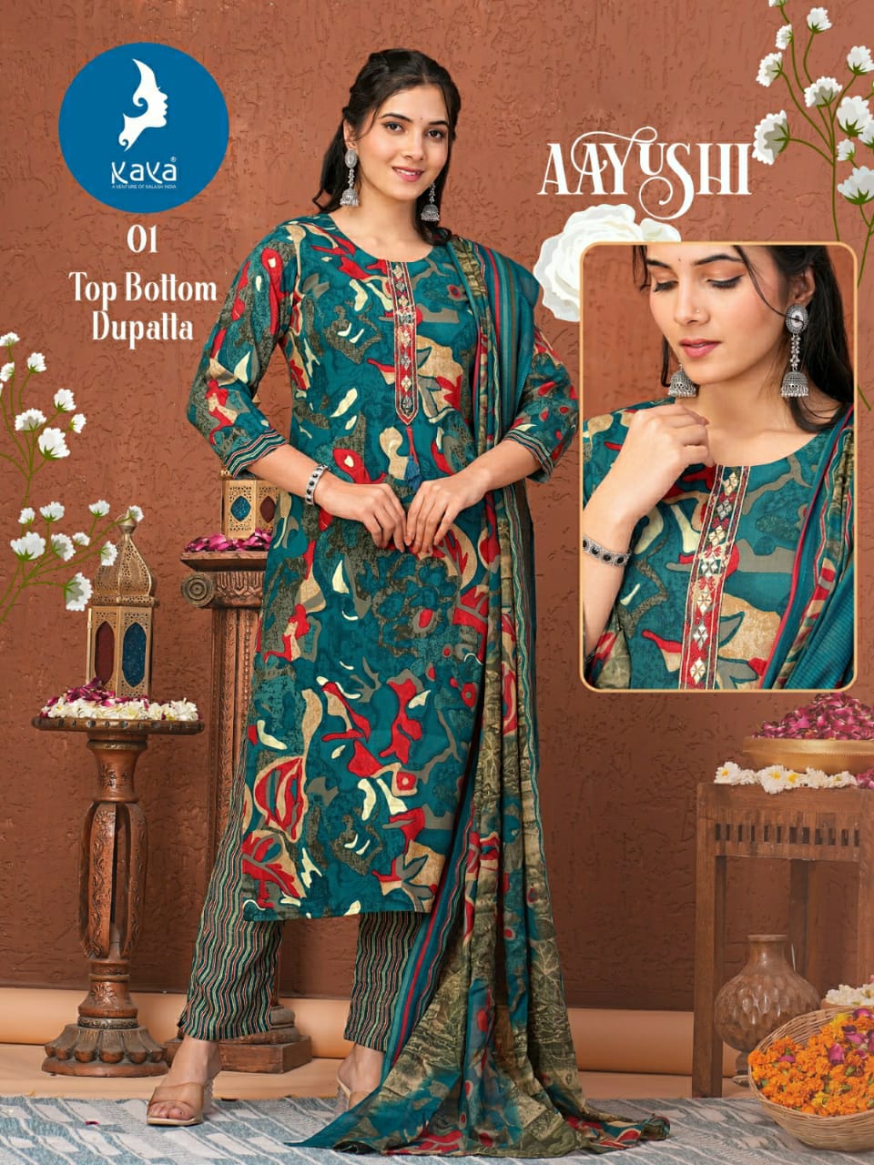 Aayushi By Kaya Rayon Foil Printed Kurti With Bottom Dupatta Wholesale Clothing Suppliers In India
